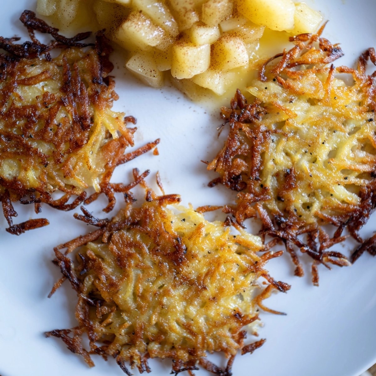 Knusprige goldene Kartoffelpuffer mit hausgemachtem Apfelmus, ein herzhaft-süßes deutsches Gericht.