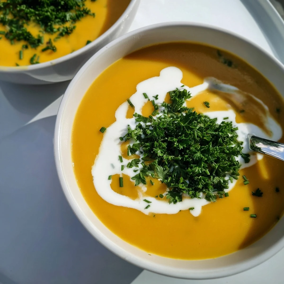 Cremige Kürbissuppe mit frischen Kräutern, perfekt für kalte Winterabende.  