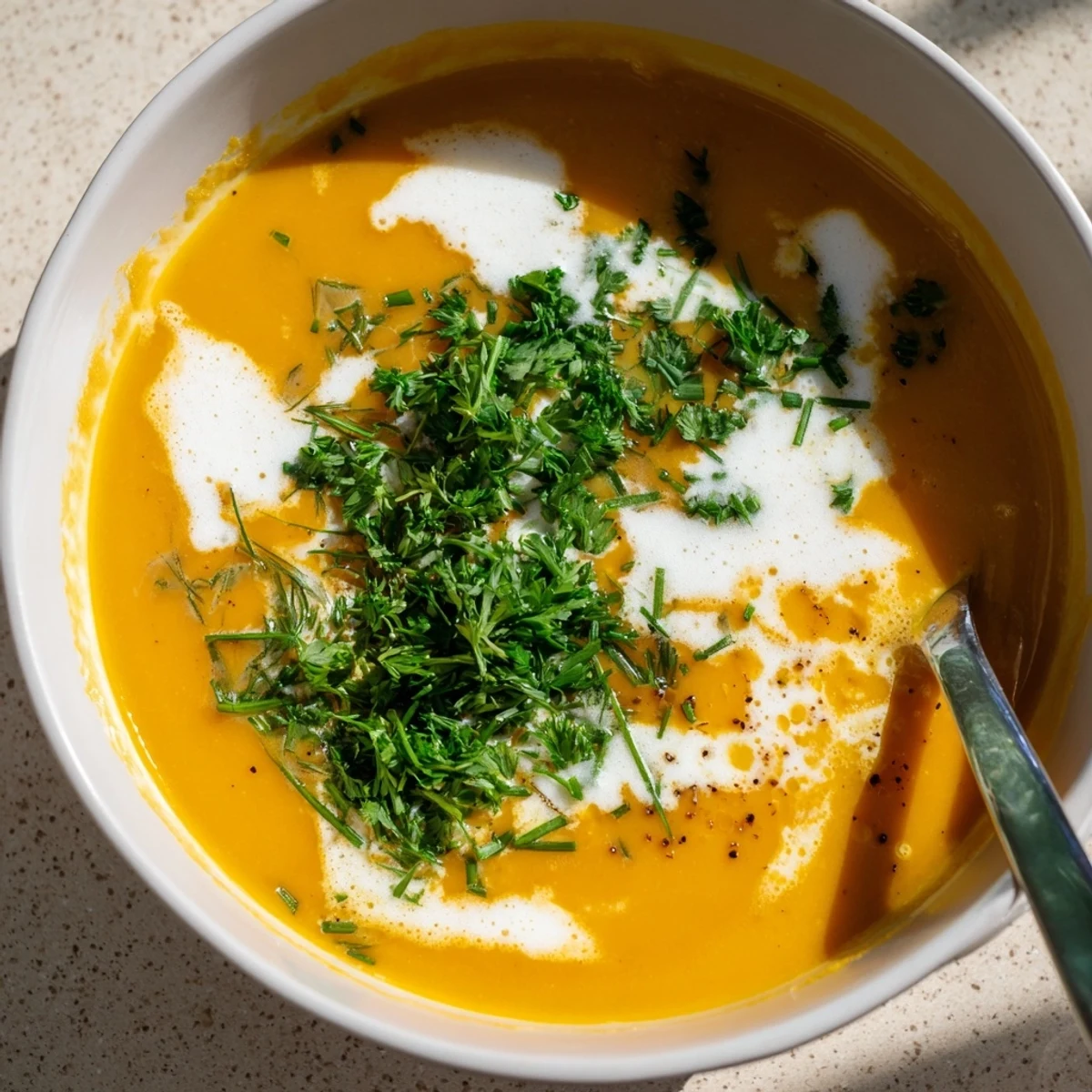 Eine wärmende Kürbissuppe, angereichert mit duftenden Kräutern und Sahne.  