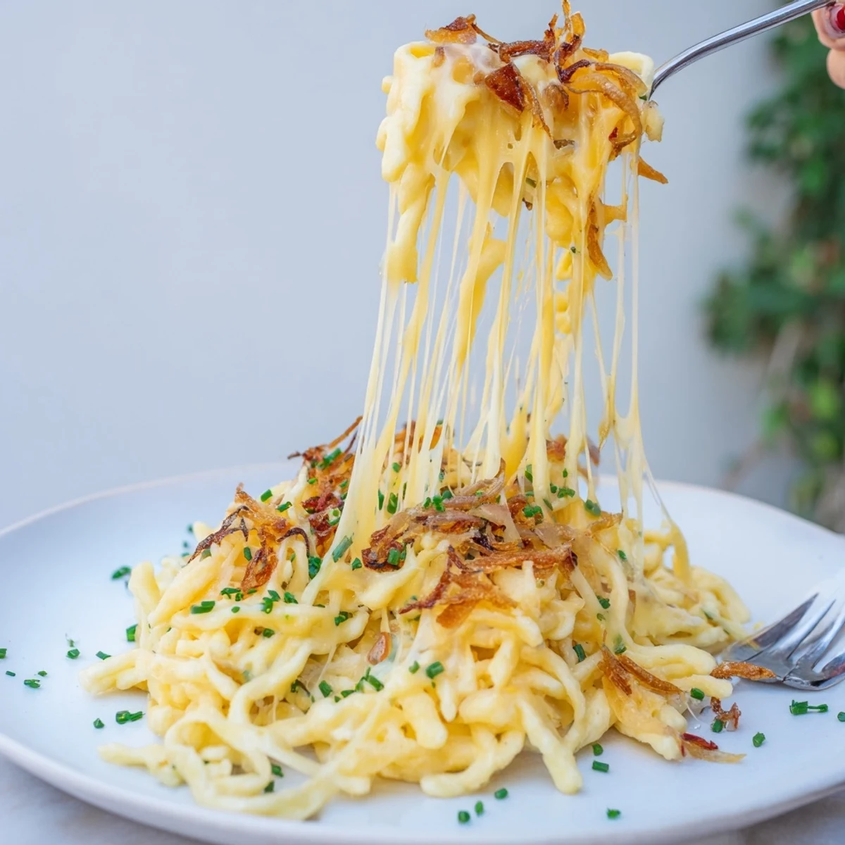 Hausgemachte Spätzle mit Käse, perfekt für eine gemütliche Mahlzeit oder Beilage.