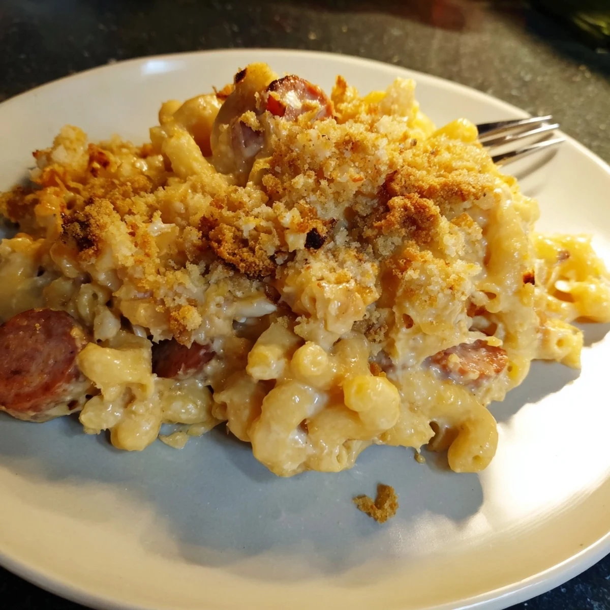 Baked Macaroni and Cheese German Style mit geschmolzenem Käse und gerösteten Zwiebeln.
