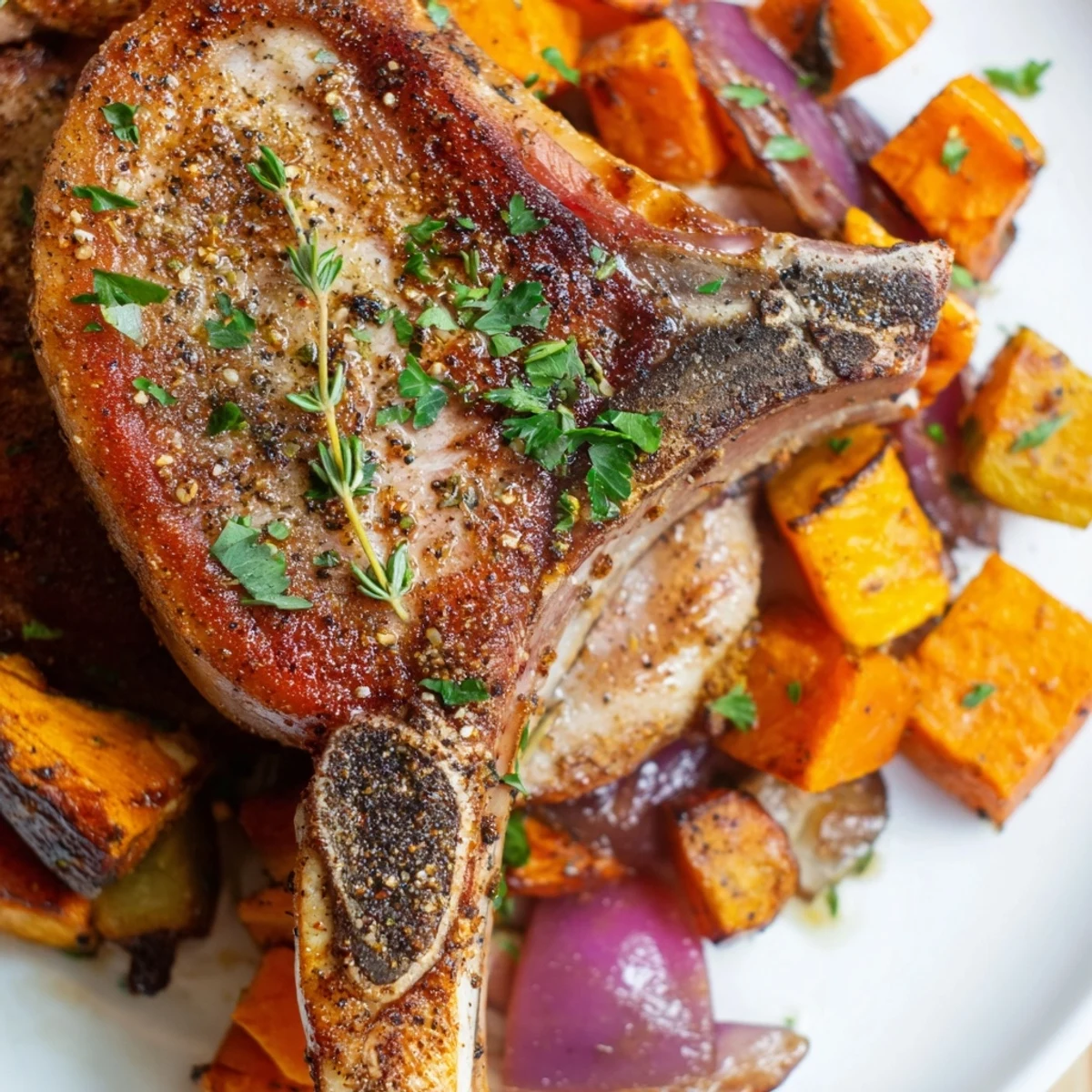 Close-up of a flavorful The Perfect Sheet Pan Pork Chop, ready to serve with parsley and lemon.