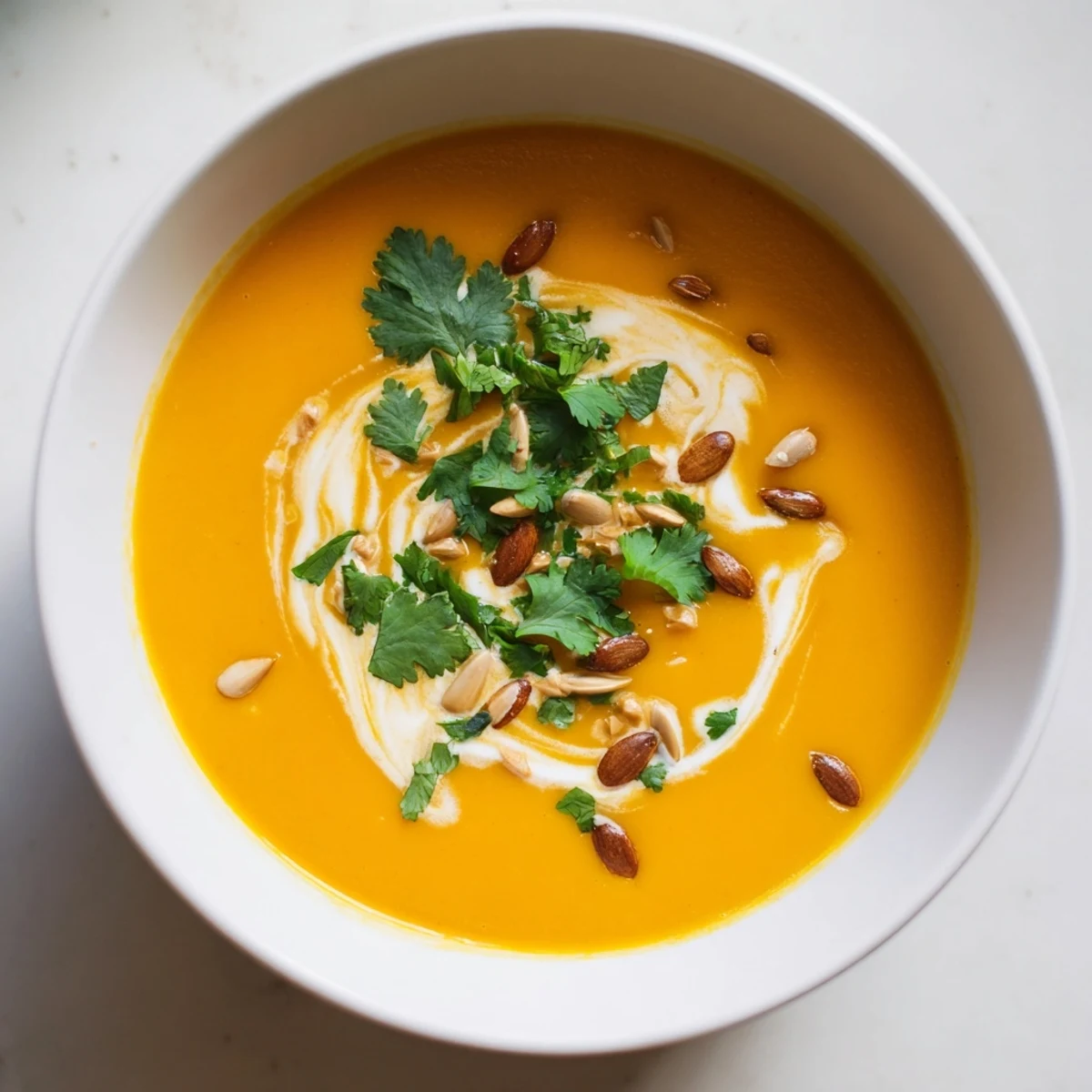 Creamy, orange-hued Sweet Potato & Carrot Soup, garnished with fresh herbs, ready to be enjoyed.