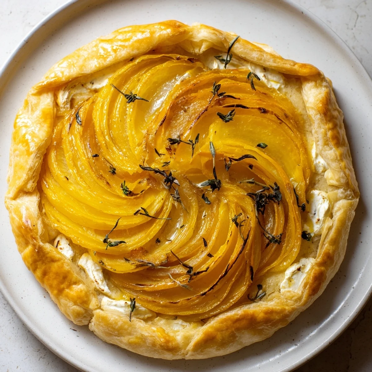 A close-up of a rustic Tarte Fine with Onions & Thyme, ready to serve with fresh thyme garnish.