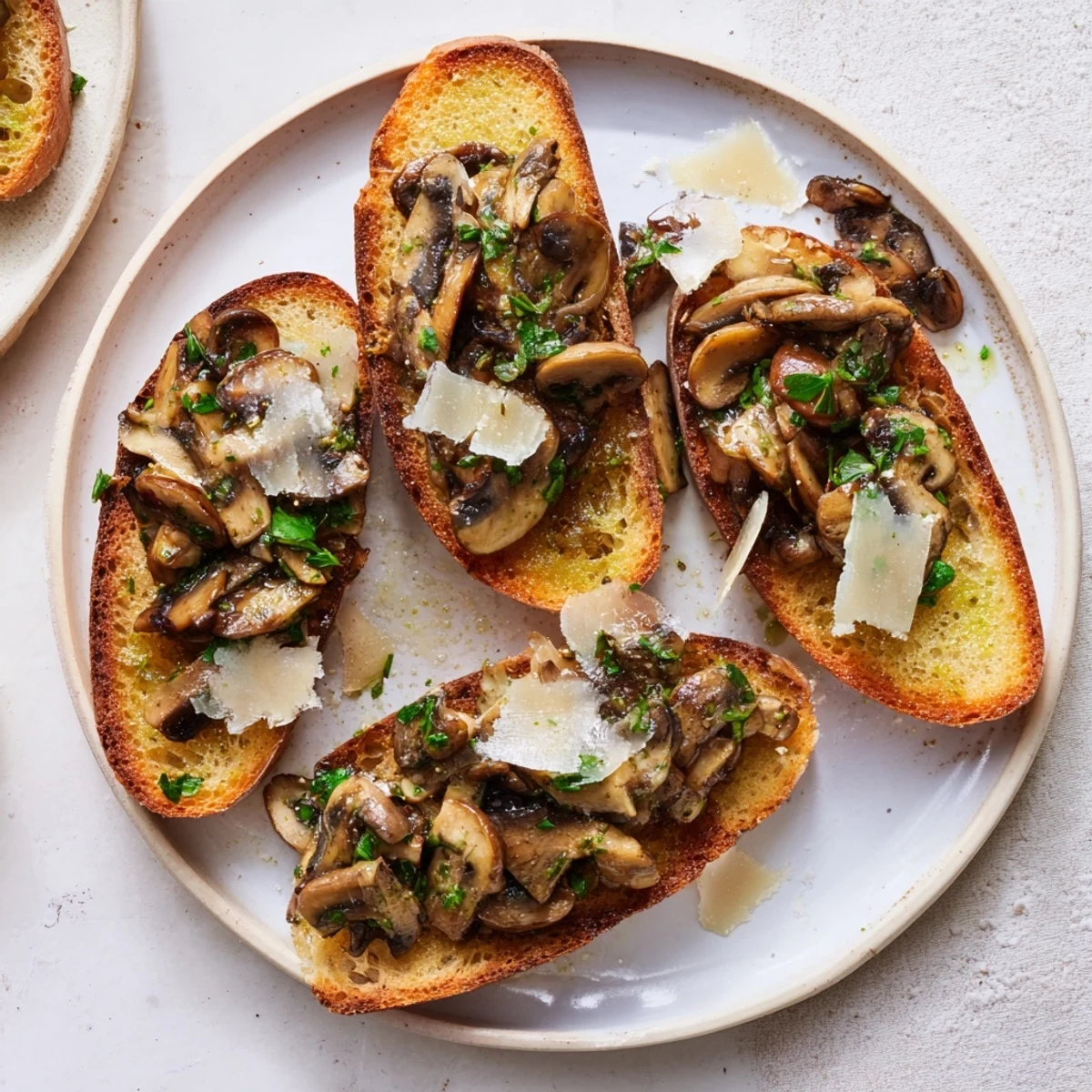 Close-up of freshly prepared bruschetta featuring toasted bread, savory mushrooms, and garlic, delicious!