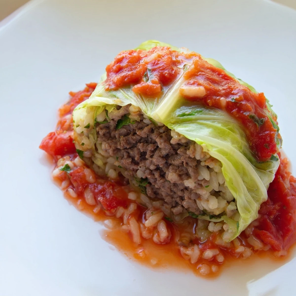 Steaming Easy Cabbage Rolls, the tender leaves glistening with rich tomato sauce, ready to serve.