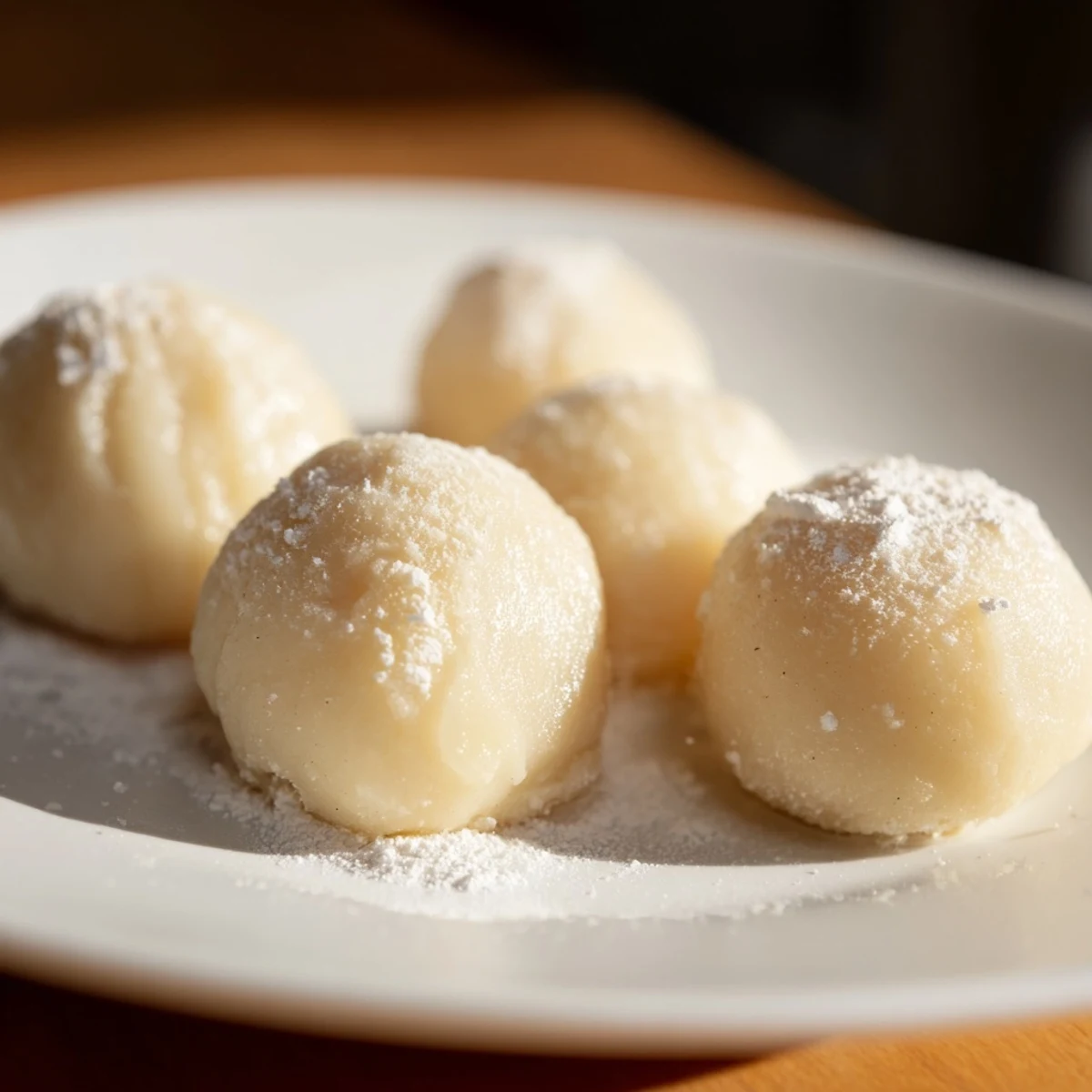 Classic, homemade potato dumplings, perfectly shaped and ready to be simmered in boiling water.