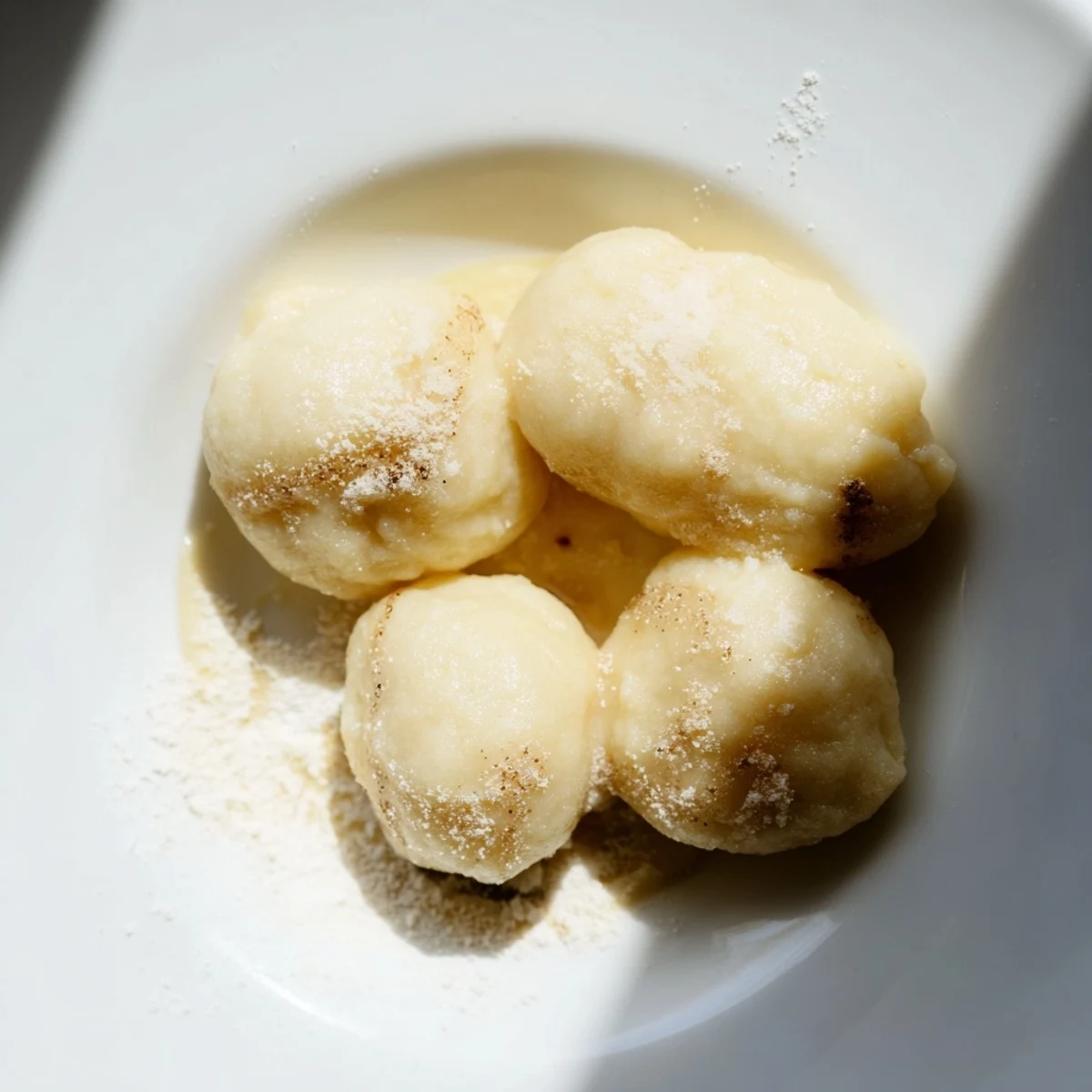 A close-up of tender, airy potato dumplings, showing their light texture and simple ingredients.
