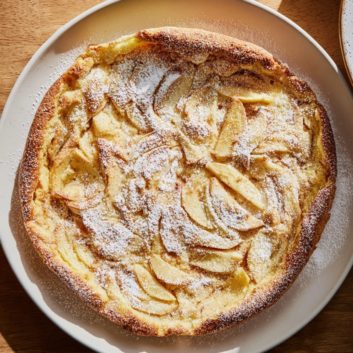 Golden German apple pancakes, perfectly cooked, topped with powdered sugar and ready to eat.