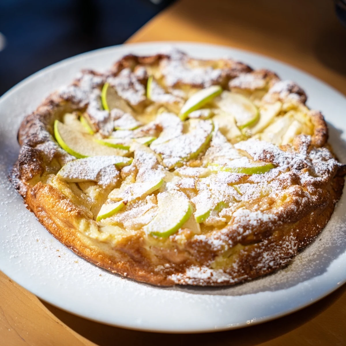 Close-up of freshly made German apple pancakes, the tender apples visible and dusted with sweetness.