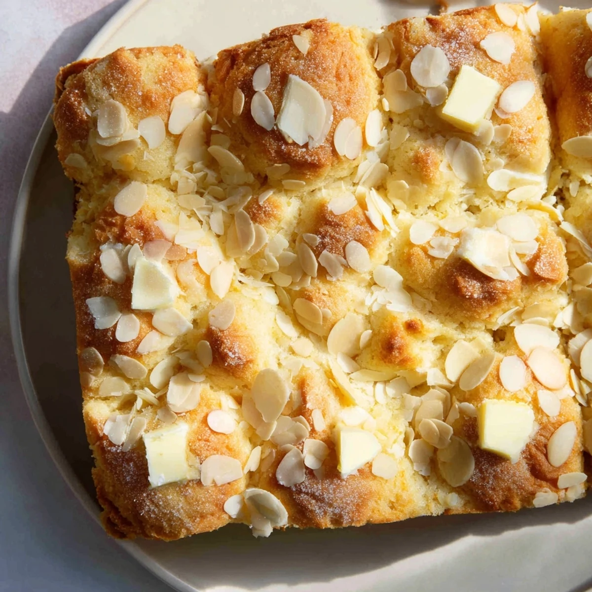 Golden-brown German Butter Cake fresh from the oven, glistening with sugar and almonds.