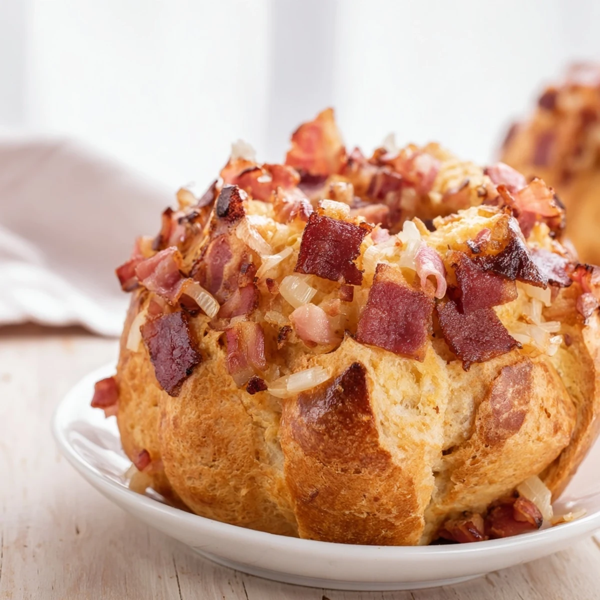 Steaming German Bread & Bacon Dumplings, ready to be enjoyed with flavorful bacon and onion.