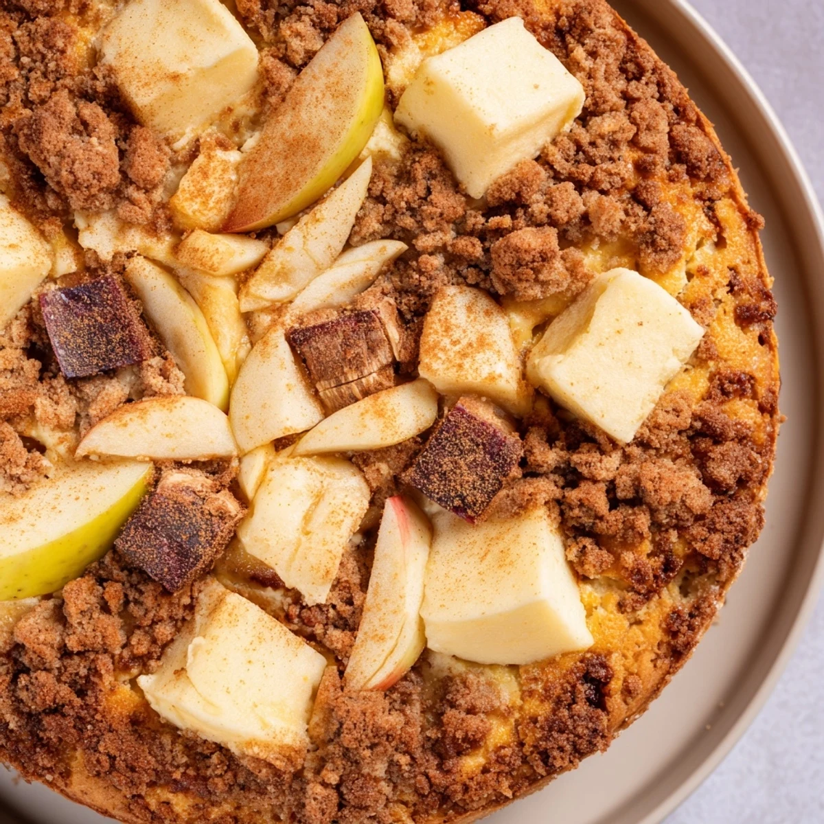 Warm slice of German apple cake, perfect with a dollop of whipped cream, inviting you in.