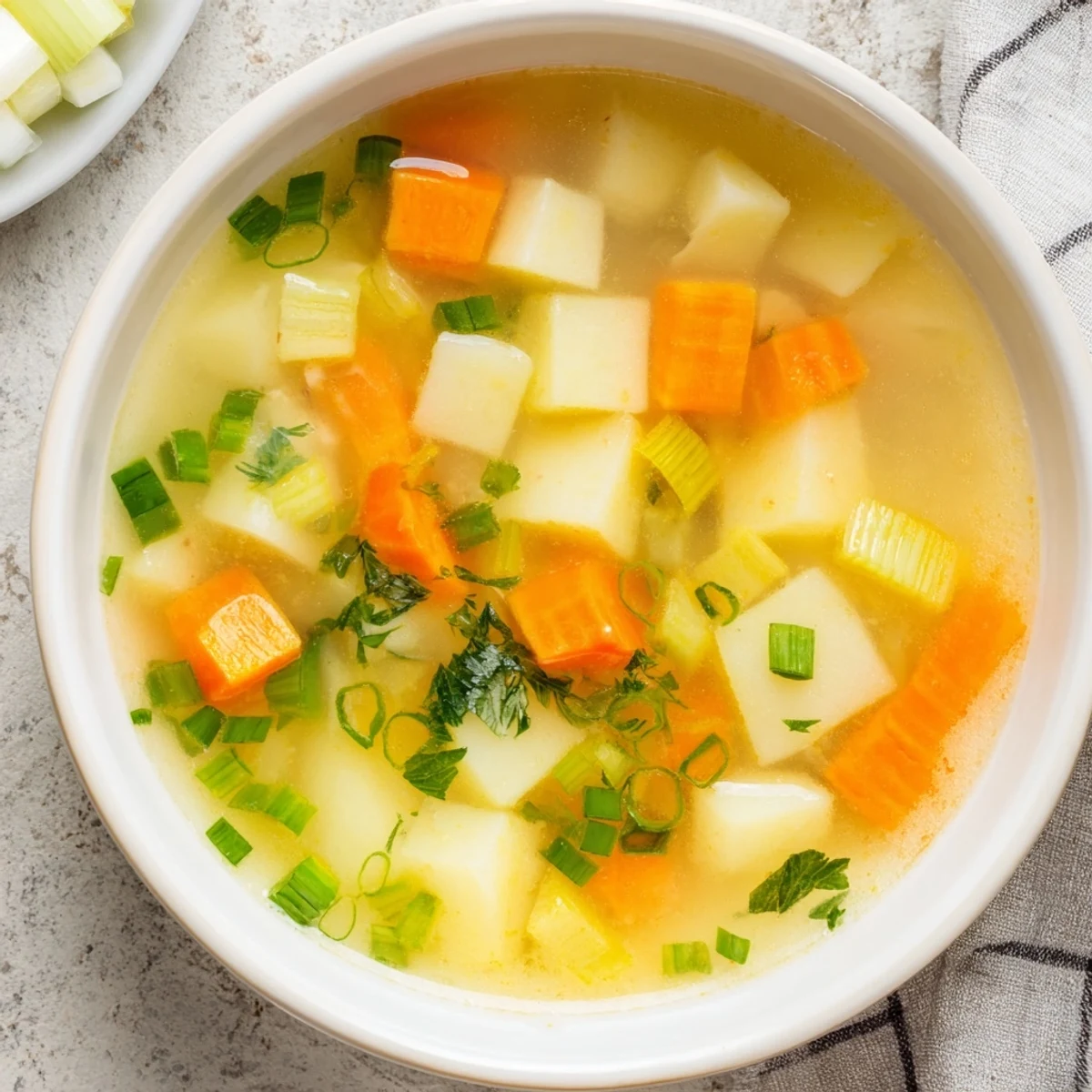 Creamy German potato soup, garnished with fresh chives, ready to serve on a chilly evening.