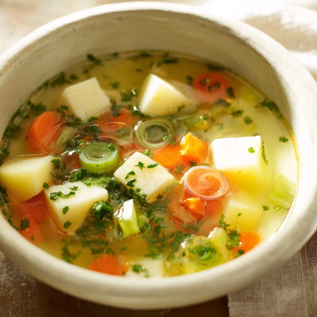 A steaming bowl of German potato soup, showcasing a thick, hearty texture and vibrant greens.