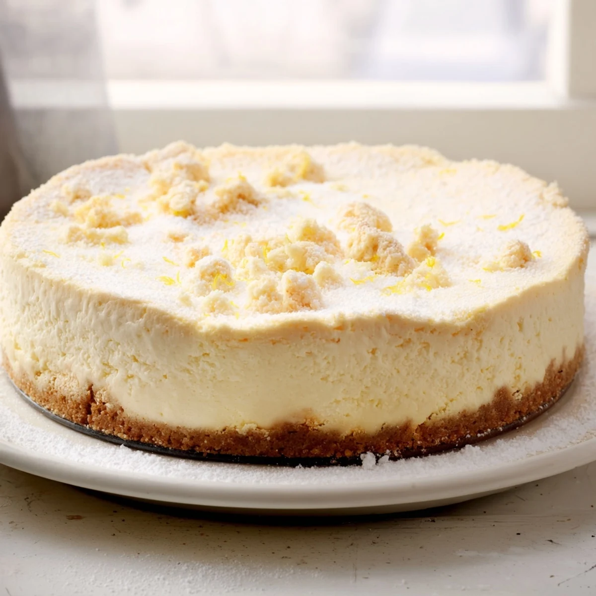 A slice of creamy German cheesecake ready to enjoy on a dessert plate, delicious!