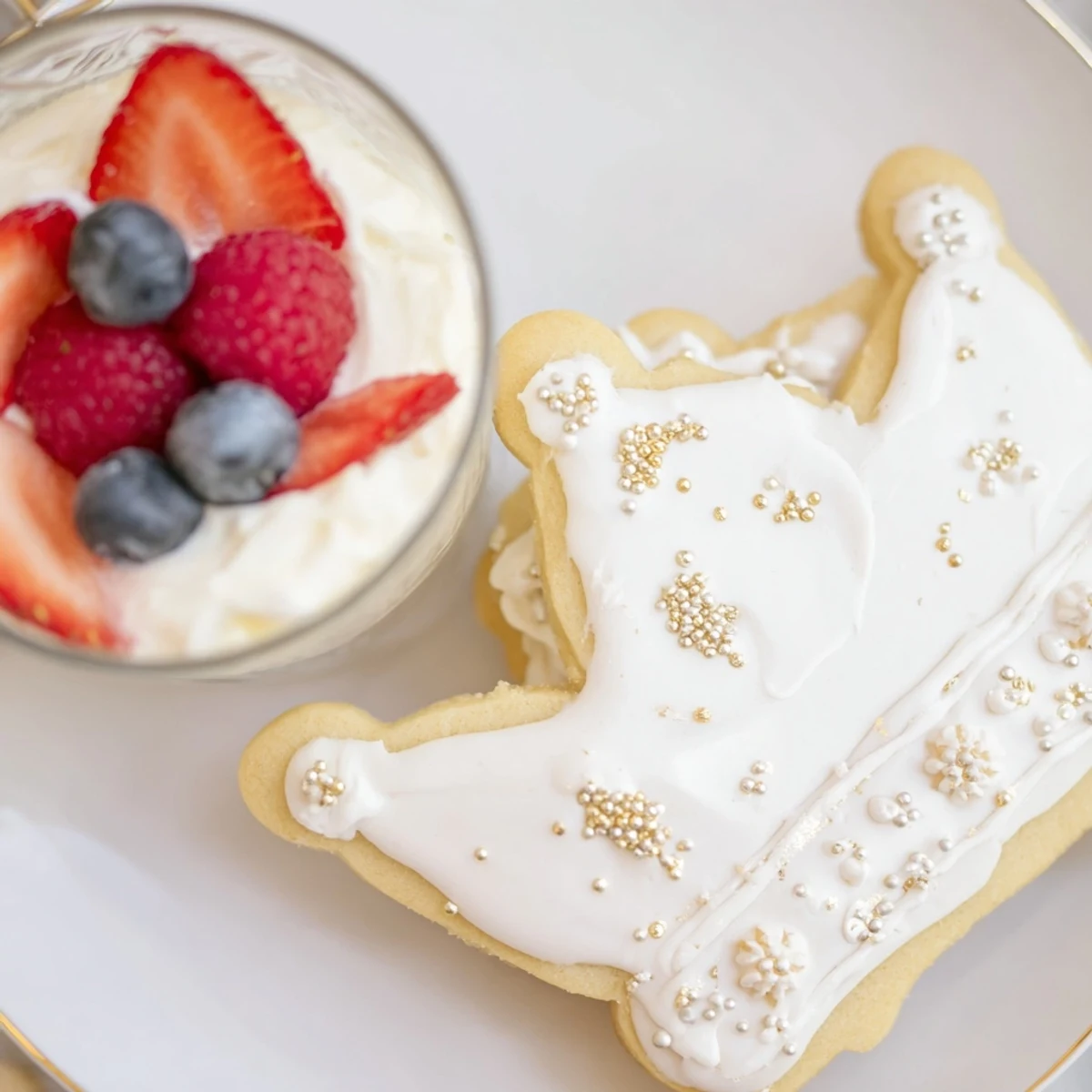 Golden crown cookies and white chocolate mousse stars in this stunning Princess Crown Dessert Tray.
