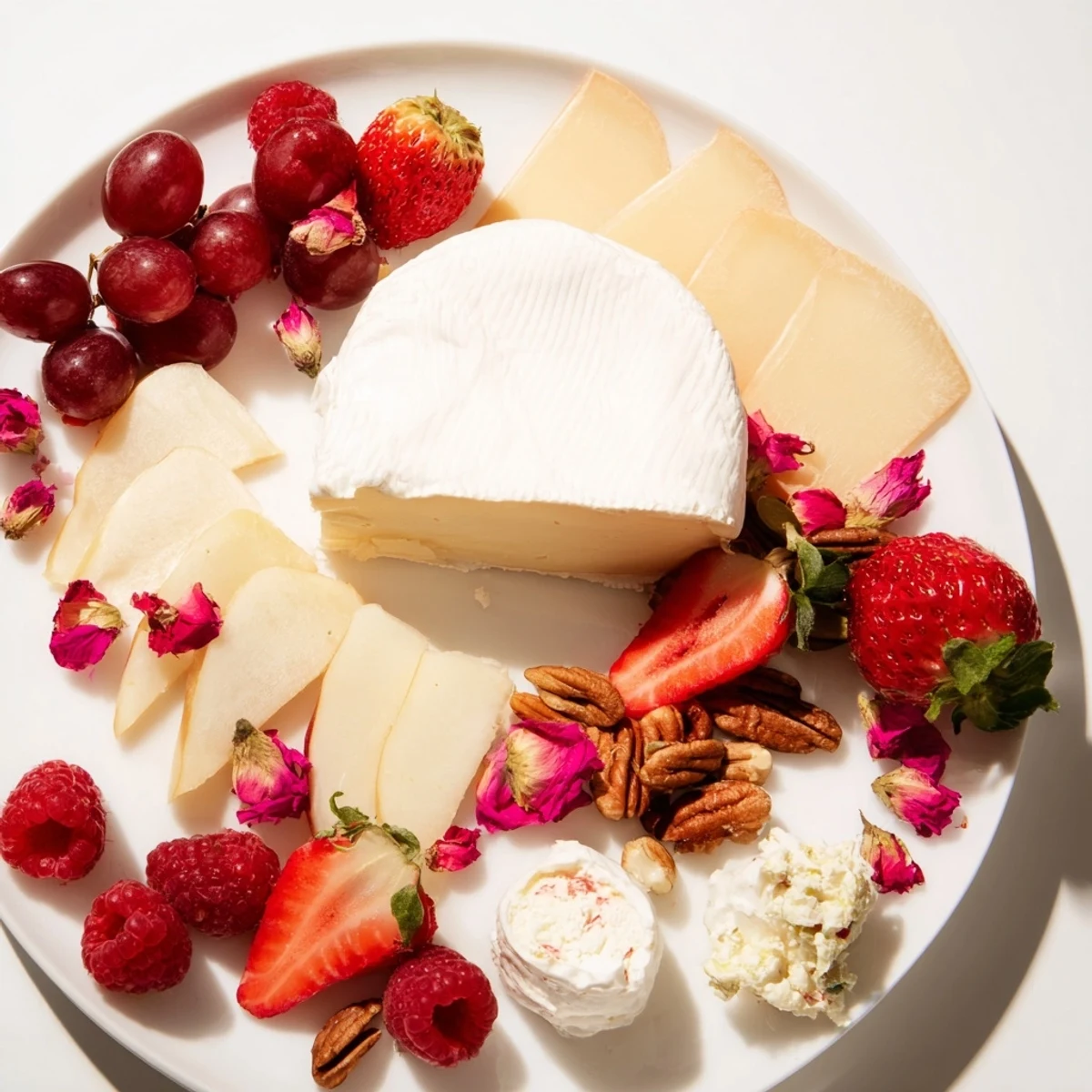 Colorful photo of a Rose Garden Romantic Platter, featuring edible flowers and honey drizzled over brie.