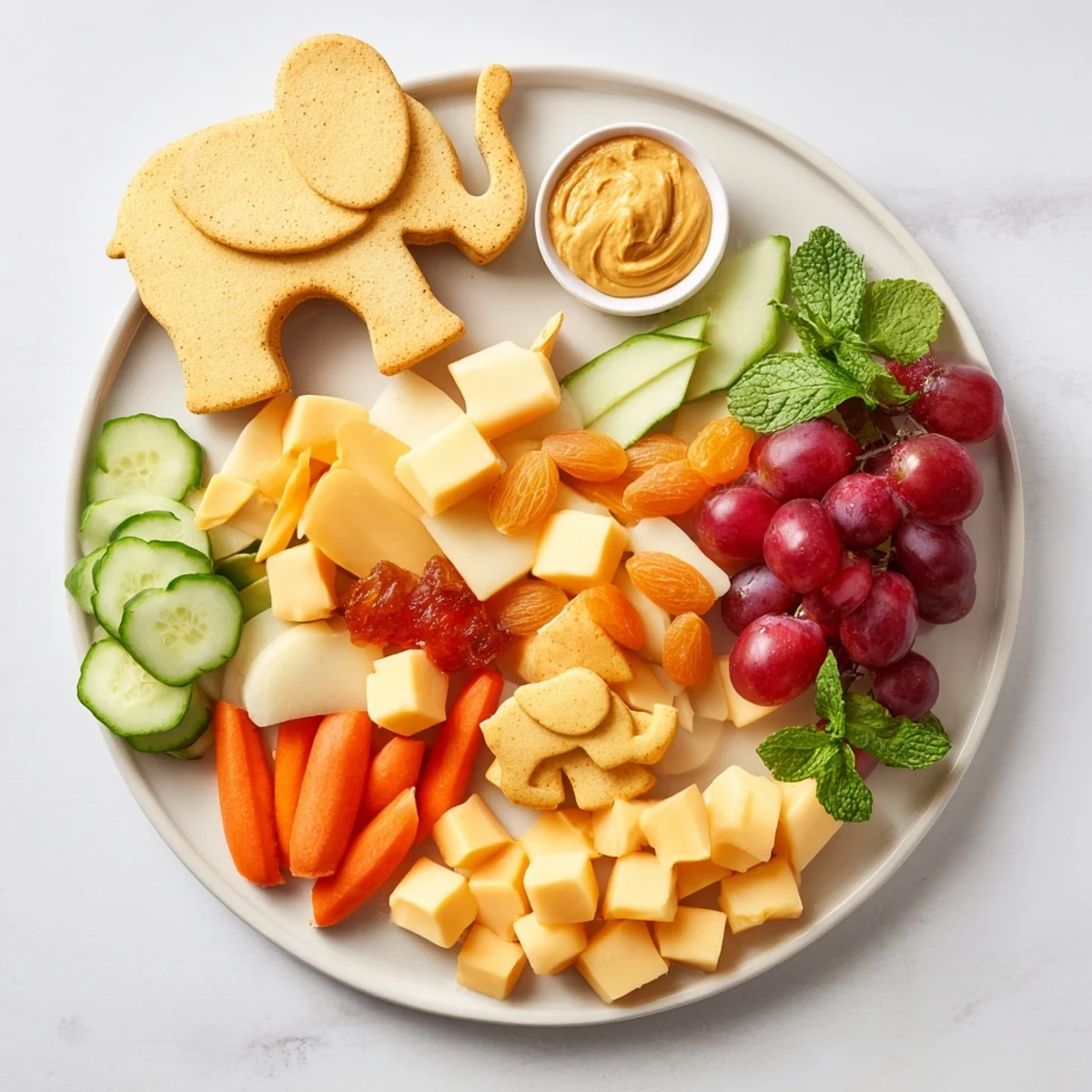 Gentle Giant Elephant Cracker Board: a festive snack board with crackers, cheeses, and colorful fruits ready to serve.
