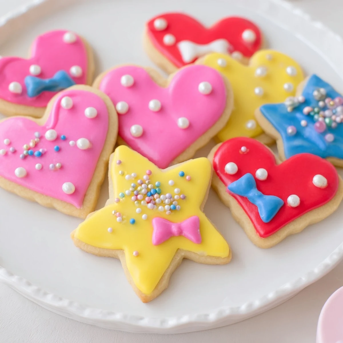 Pretty Bows Heart & Star Cookies, freshly baked, with bright icing bows and delicate sprinkles.