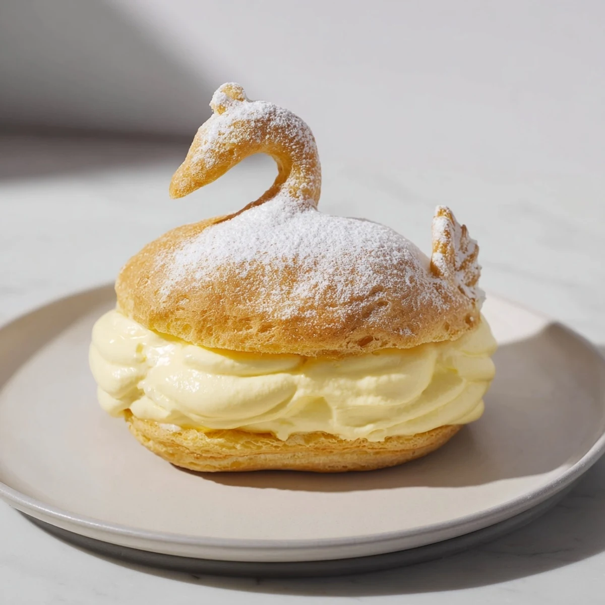 Elegant Feathered Friend Swan Pastry Platter, creamy vanilla-filled swans ready to impress guests with delicate details.