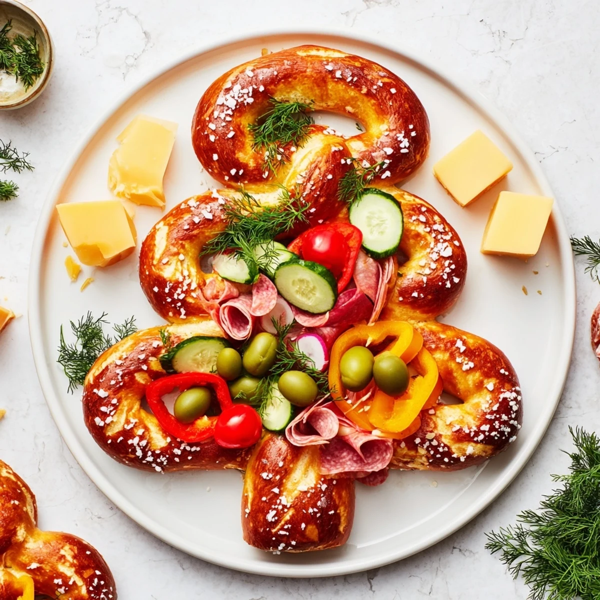 A visually striking Bretzel Arbre de Vie platter, showcasing a pretzel Christmas tree loaded with savory toppings.