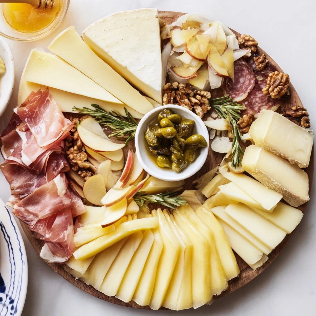 Misty Mountain Cheese Platter with assorted cheeses, charcuterie and accompaniments, a festive winter appetizer.