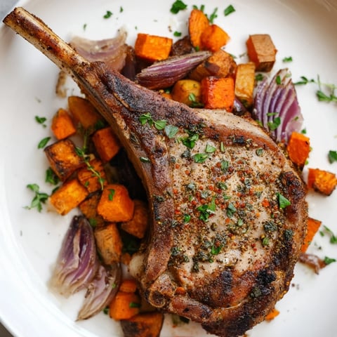 Tender The Perfect Sheet Pan Pork Chop roasted alongside golden, caramelized root vegetables.