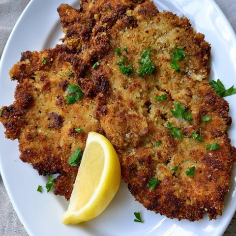 Golden, crispy air fryer Wiener Schnitzel served with lemon and fresh parsley, ready to eat!