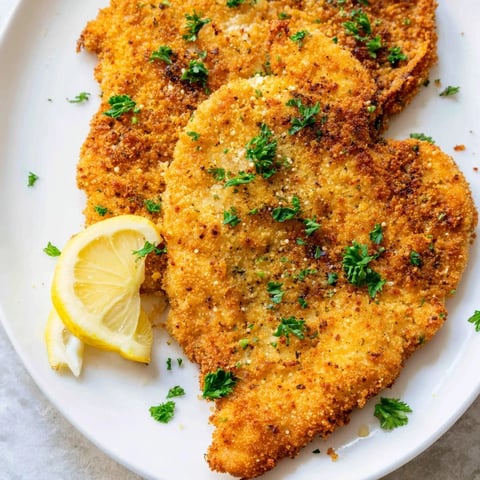Golden-brown schnitzel-style cutlets, crispy from frying, ready to serve with lemon wedges.