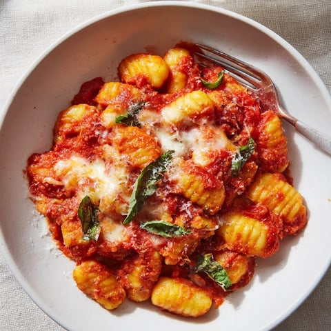 Golden-brown oven-baked potato gnocchi smothered in rich tomato sauce, a comforting Italian dinner.