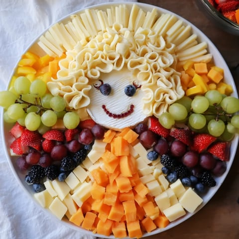 Cherub angel snack tray, a whimsical arrangement of fruits and cheeses, perfect for a baby shower.