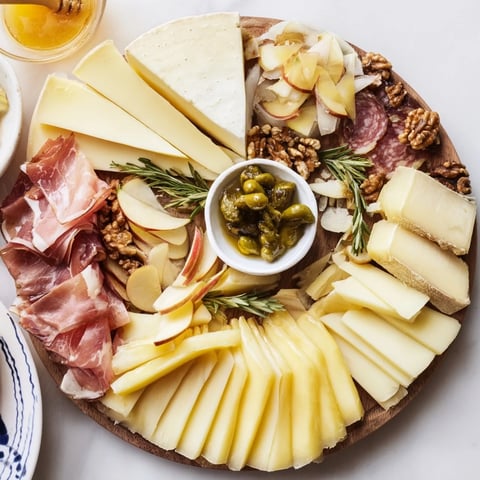 Misty Mountain Cheese Platter with assorted cheeses, charcuterie and accompaniments, a festive winter appetizer.