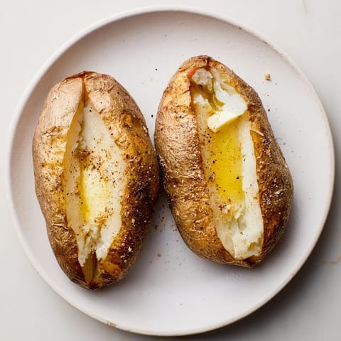 Golden brown The Ultimate Baked Potato baked to perfection, served with melting butter and chives.