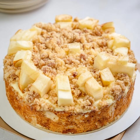 Close-up of a freshly baked German apple cake, a delicious dessert with a buttery crumble.