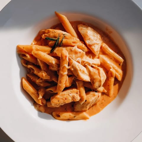 Freshly made Creamy Tomato Basil Chicken Pasta, with a vibrant red sauce and parmesan garnish.