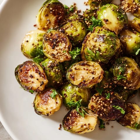 Close-up of caramelized honey mustard glazed Brussels sprouts, perfect for a flavorful weeknight meal.
