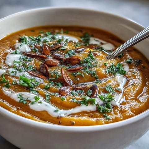 Butternut-Kürbis-Suppe mit geröstetem Brokkoli, serviert warm mit einem Hauch Kokosmilch und frischer Petersilie.