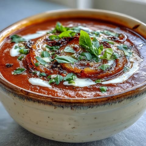 Rustikale Ofen Tomaten Basilikum Suppe in cremiger Konsistenz mit Balsamico-Glasur und knusprigem Brot.