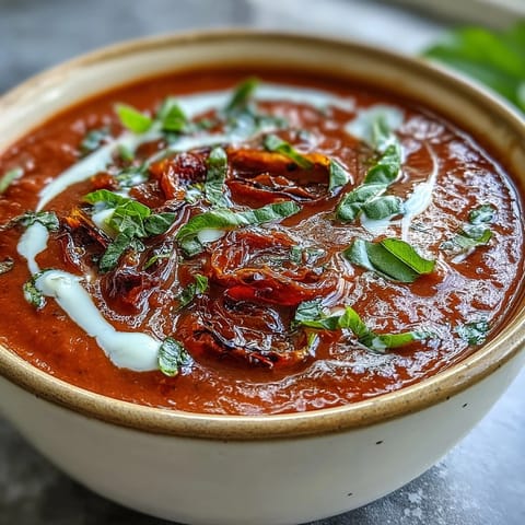 Frisch püriertes italienisches Rezept mit gerösteten Tomaten, Zwiebeln und Basilikum, angerichtet in einer Schüssel.