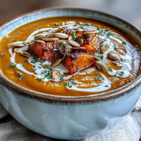 Gewürzte Easy Roasted Butternut Squash Suppe dampft im Topf, serviert mit Sahneschwünge und Thymian.