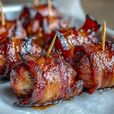 Goldene Bacon-Wrapped Smokies mit karamellisiertem Zuckerguss werden auf einem Backblech serviert, bereit für Partys.