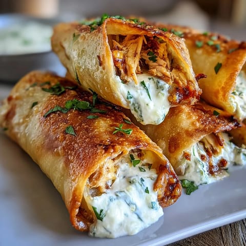 Knusprige, backgegarte Mini Chicken Chimis mit Jalapeño-Cremecase, belegt mit frischer Koriander und grünen Zwiebeln auf dunklem Teller.