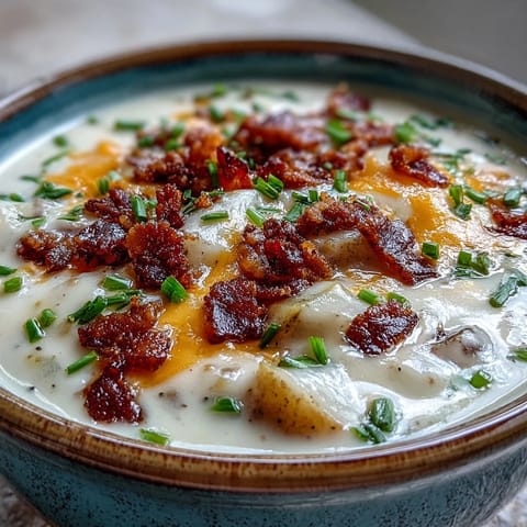 Hearty Loaded Potato Soup topped with green onions and sour cream, perfect for cozy lunches.
