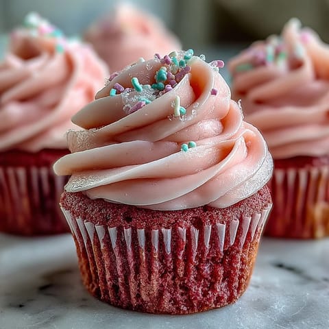 Freshly frosted Pink Velvet Cupcakes with Vanilla Buttercream Frosting arranged on a marble countertop.