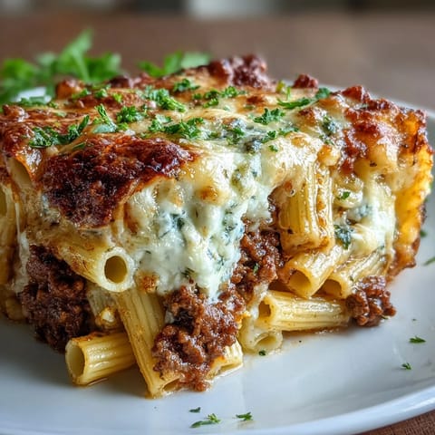 Cottage Cheese Protein Pasta Bake with Ground Beef aus dem Ofen, goldbraun überbacken und auf einem rustikalen Holztisch angerichtet.