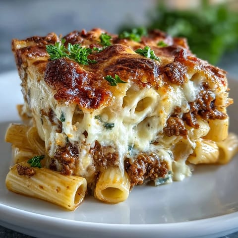 Auf einem Teller liegt Cottage Cheese Protein Pasta Bake with Ground Beef mit saftiger Tomaten-Filetsauce und frischem Basilikum garniert.