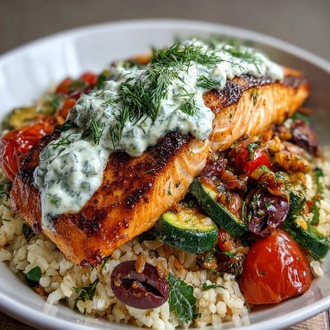 Fresh dill garnishes the Crispy Rice Salmon Bowl, featuring flaky salmon, roasted bell peppers, zucchini, and olives on crunchy rice for a gluten-free meal.