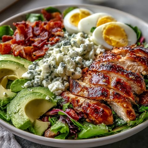 A hearty Cobb Salad Bowl featuring sliced grilled chicken, crisp bacon chunks, creamy avocado slices, diced tomatoes, and crumbled blue cheese on fresh lettuce.