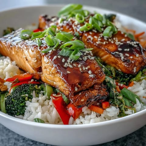 Teriyaki Salmon Bowl mit glasiertem Lachs, krossen Gemüsestücken und Duftreis für ein gesundes Abendessen.